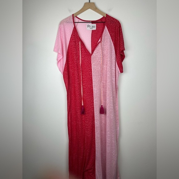 Pitusa Color Block CoverUp Resort Cheetah Pink Popover Maxi Dress Women’s OS - Picture 5 of 6